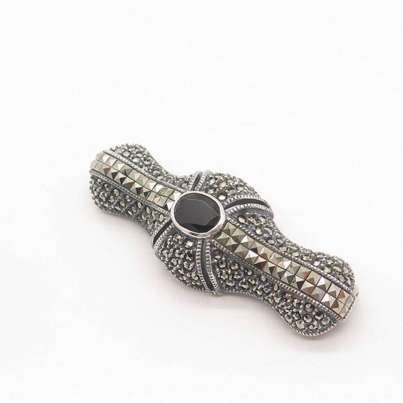 925 Sterling Silver Vintage Judith Jack Black Spinel & Marcasite Gem Pin Brooch - Picture 4 of 8